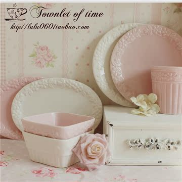 珍藏款 一树花的记忆 粉红白色浮雕马克杯水杯盘子椭圆盘 烤盘