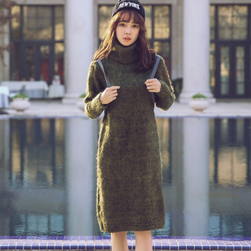 冬季款韩版女装可拆卸高领套头毛衣下摆开叉修身中长款貂绒毛衣