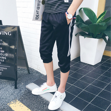 2016新款男装夏季七分裤男士侧条纹休闲裤韩版青年时尚潮男运动裤
