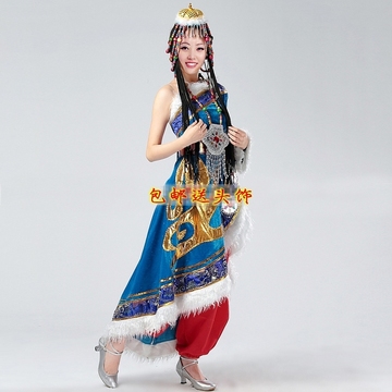 2014新款藏族舞蹈演出服装 宝蓝色藏族舞蹈服装女 民族舞蹈服装