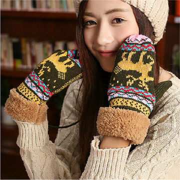 韩版加厚冬天女士圣诞小鹿连指手套 保暖女生双层毛口包套手套