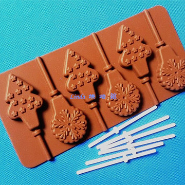超值DIY硅胶烘焙模具6连雪花圣诞树棒棒糖模手工巧克力饼干模批发