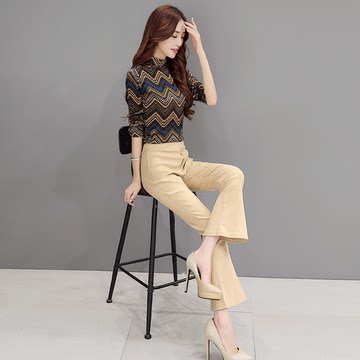 2016秋款韩版套装女秋装时尚潮职业长裤两件套修身小香风女针织衫