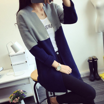 简吻2015韩版秋季新款拼色女装针织衫中长款圆领长袖外套披肩女