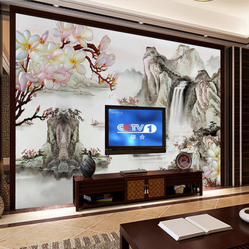 中式大型酒店客厅卧室电视背景墙纸无缝墙布壁画壁纸水墨山水玉兰