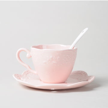 粉色雕刻花纹欧式陶瓷咖啡杯 女生淑女儿童小清新下午茶杯碟套装