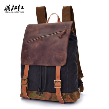 新款时尚韩版帆布双肩包潮学生书包复古真皮电脑包男士旅行背包