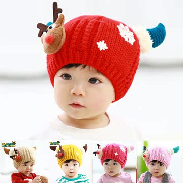秋冬婴儿宝宝帽子0-1岁新生儿圣诞小鹿加绒毛线帽男女童保暖棉帽