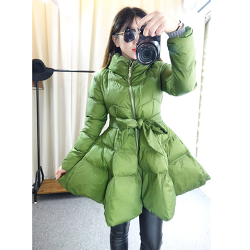 2015新款韩版女装冬装外套高腰修身中长款棉衣女立领蝴蝶结蓬蓬潮