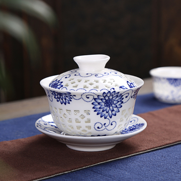 盖碗茶杯 汝窑玻璃三才碗白瓷陶瓷 大号茶碗功夫茶具茶壶
