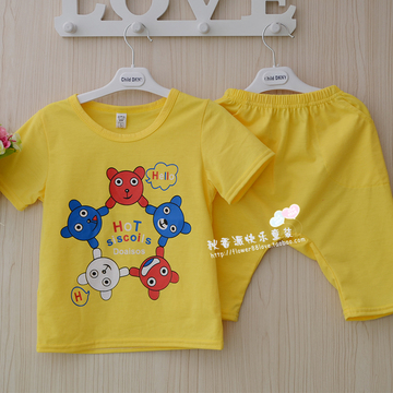 Y032韩式男童卡通T恤套装 可爱五熊图案短袖T恤+九分短裤半价促销