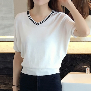 2016夏季新款韩版宽松V领纯色休闲百搭显瘦学生蝙蝠袖短袖T恤女夏