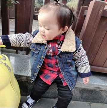儿童牛仔外套15冬季韩版童装男女童针织袖拼接加绒牛仔衣潮宝宝