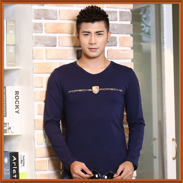 男士长袖T恤 v领纯棉秋季修身款款韩版印花男式青年体恤打底衫潮