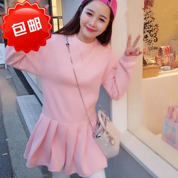 2015秋冬季韩版新款甜美可爱小清新加绒保暖长袖百褶卫衣裙女包邮