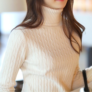 韩版潮秋冬季针织衫女套头修身加厚高领纯色长袖毛衣弹力打底衫