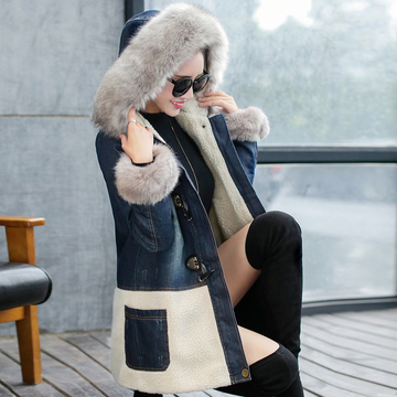 2015韩版新款羊羔毛棉服女貉子毛领牛仔棉衣女中长款加厚冬外套