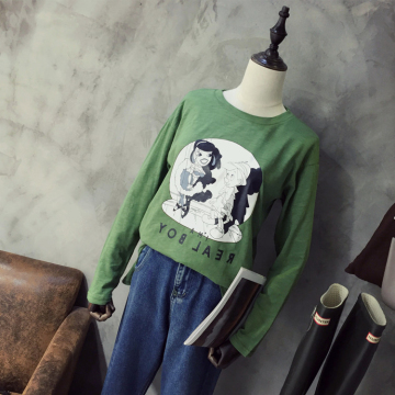 2015秋季新款木偶卡通可爱图案休闲纯棉打底圆领绿长袖T恤
