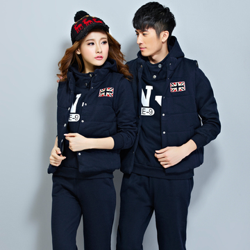 2015冬季韩版新款 加绒加厚男女卫衣三件套运动情侣装