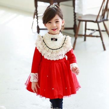 女童秋冬款加绒连衣裙韩国童装蕾丝公主裙 中大童长袖连衣裙子