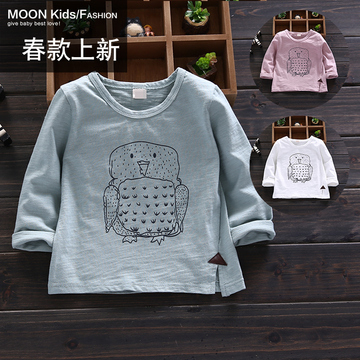 男女宝宝1-4岁韩版春季新款卡通猫头鹰T恤婴儿小童圆领打底衫上衣