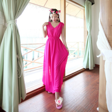 missfox2015纯色波西米亚长裙沙滩裙显瘦海边度假修身裙连衣裙