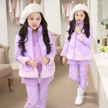 童装女童冬装2015韩版儿童中大童加厚加绒卫衣三件套棉衣套装冬季