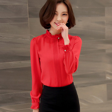 2016秋款新款韩版立领长袖雪纺衫中长款打底衬衫ol大红色上衣女士