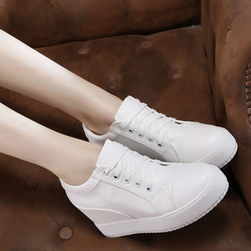 白色内增高女鞋女款休闲运动鞋系带厚底女士韩版松糕跟小白鞋潮