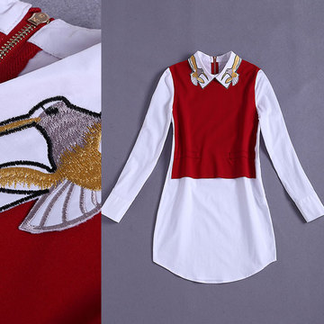 2015欧美早秋新款女装翻领小鸟刺绣撞色贴布拼接假两件套衬衣衬衫