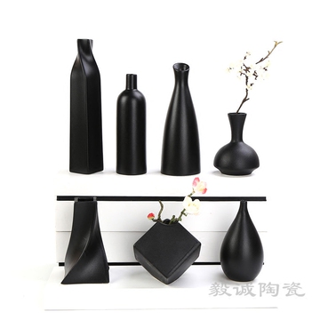 创意黑色陶瓷小花瓶摆件插花器现代简约客厅家居装饰品干花艺花瓶