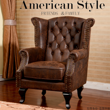 美式乡村皮布艺沙发组合擦色复古单人沙发椅老虎椅咖啡厅休闲椅