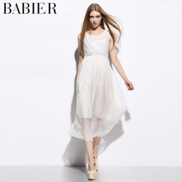 夏季最新款纯白色腰部钉珠装饰真丝长裙桑蚕丝中长款度假连衣裙子
