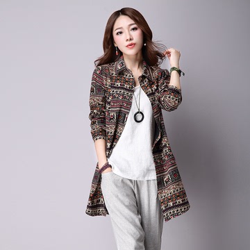 2016秋季女装新品韩版时尚气质直筒花色长袖中长款棉麻衬衫