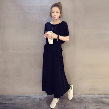 2016夏装新款女裙 韩版气质型时尚宽松显瘦圆领短袖百搭长裙套装