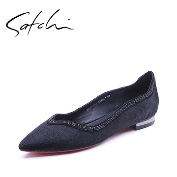 Satchi/沙驰春季新款浅口休闲低帮女鞋 尖头套脚平跟羊皮鞋