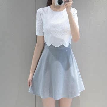 2015春夏新款韩版圆领蕾丝拼接收腰修身短袖雪纺短裙假两件连衣裙