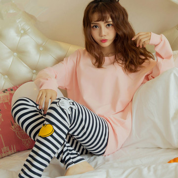 韩国pink睡衣女纯棉长袖春秋季韩版纯色条纹宽松加大码家居服套装
