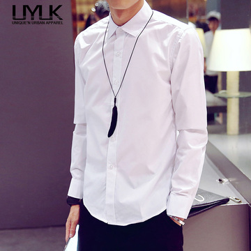 UYUK2015秋季男装韩版衬衣休闲白色上衣男士修身型青年长袖衬衫男