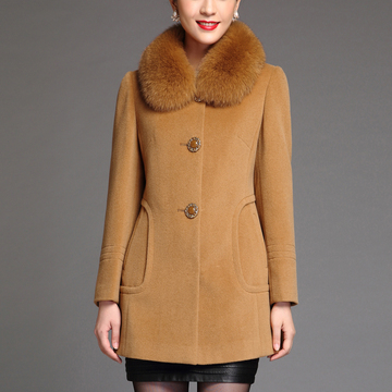 2015冬装新款妈妈装高端羊毛大衣狐狸毛领女中长款羊绒大衣呢外套