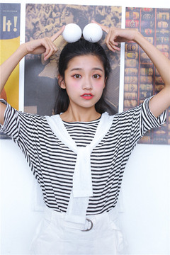 2016韩国秋季新品韩版学院风海军风披肩两件套条纹T恤女学生上衣