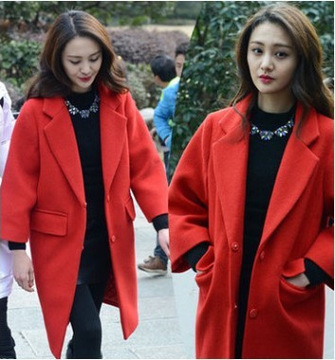 2015新韩版茧型中长款毛呢外套相爱穿梭千年郑爽同款纯色红色大衣