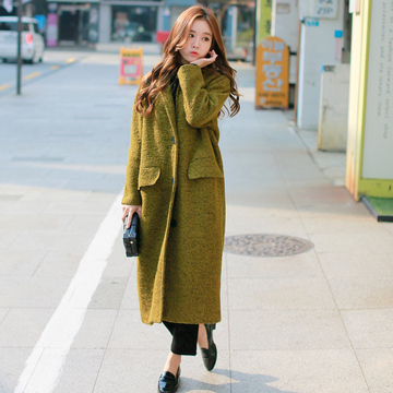 超美冬季加棉加厚超长款毛呢外套女2015韩版新款棕色妮子大衣过膝