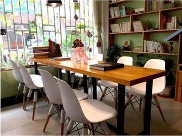 实木办公桌美式餐桌复古会议桌实木餐桌小户型铁艺办公组合餐桌椅