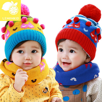 柠檬宝宝韩版冬季2-4-6岁男女儿童可爱卡通猫咪款款帽子围脖套装