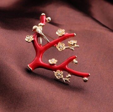 欧美时尚大牌饰品同款 小鸟 红色树枝镶钻梅花花朵女式胸针胸花