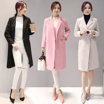 2016秋季韩版新款女装 中长款外套 毛呢大衣女