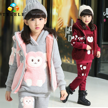 2015韩版童装冬款女童清新甜美三件套休闲套装