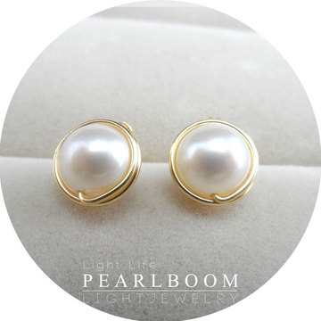 【pearlboom】天然淡水珍珠耳钉正圆微瑕 纯手工制作 进口14K注金