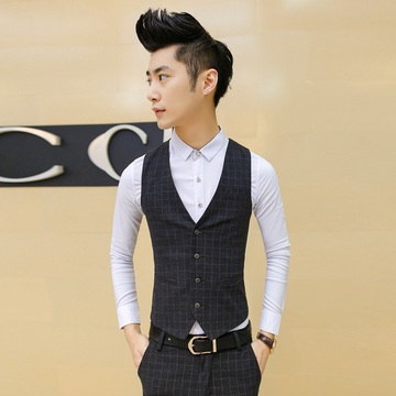 2015春夏新款男士格子马甲韩版修身西装马夹男装免烫英伦背心套装